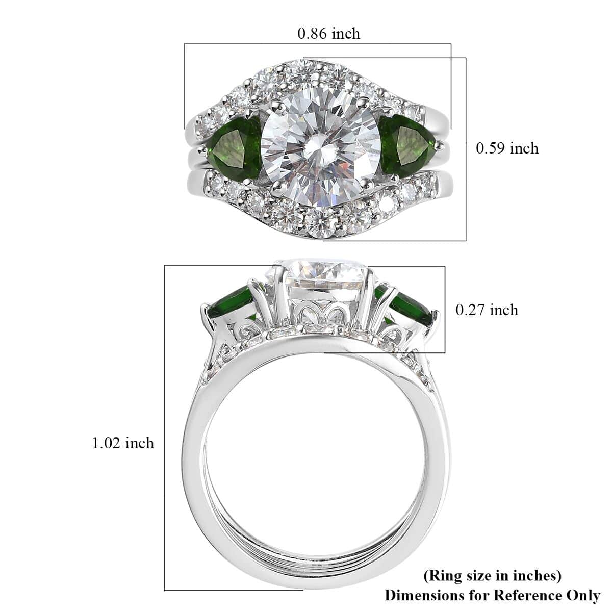 Moissanite and Chrome Diopside Set of 3 Stackable Ring in Platinum Over Sterling Silver (Size 7) 4.40 ctw image number 6