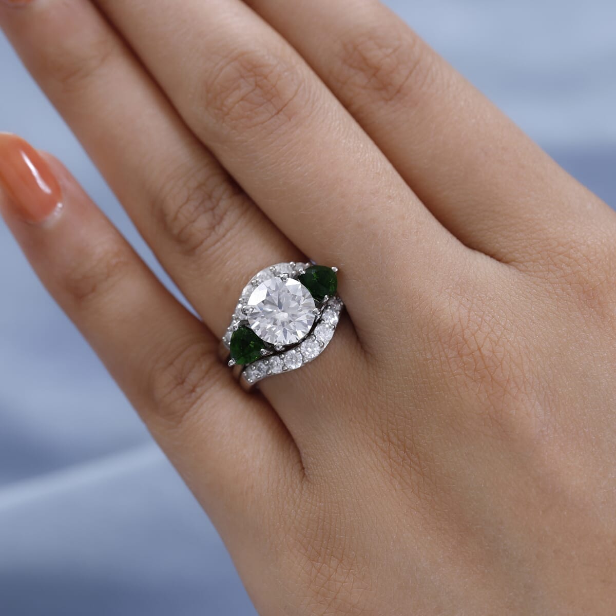 Moissanite and Chrome Diopside Set of 3 Stackable Ring in Platinum Over Sterling Silver (Size 9) 4.40 ctw image number 2