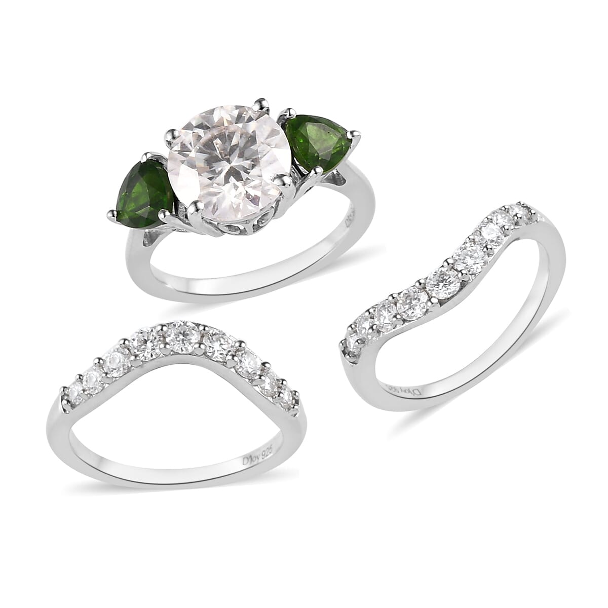 Moissanite and Chrome Diopside Set of 3 Stackable Ring in Platinum Over Sterling Silver (Size 9) 4.40 ctw image number 3