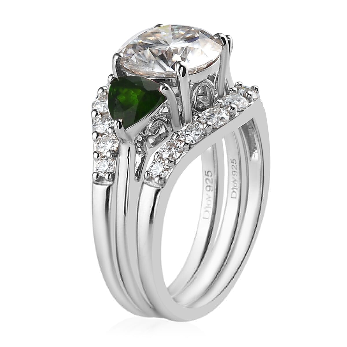 Moissanite and Chrome Diopside Set of 3 Stackable Ring in Platinum Over Sterling Silver (Size 9) 4.40 ctw image number 4