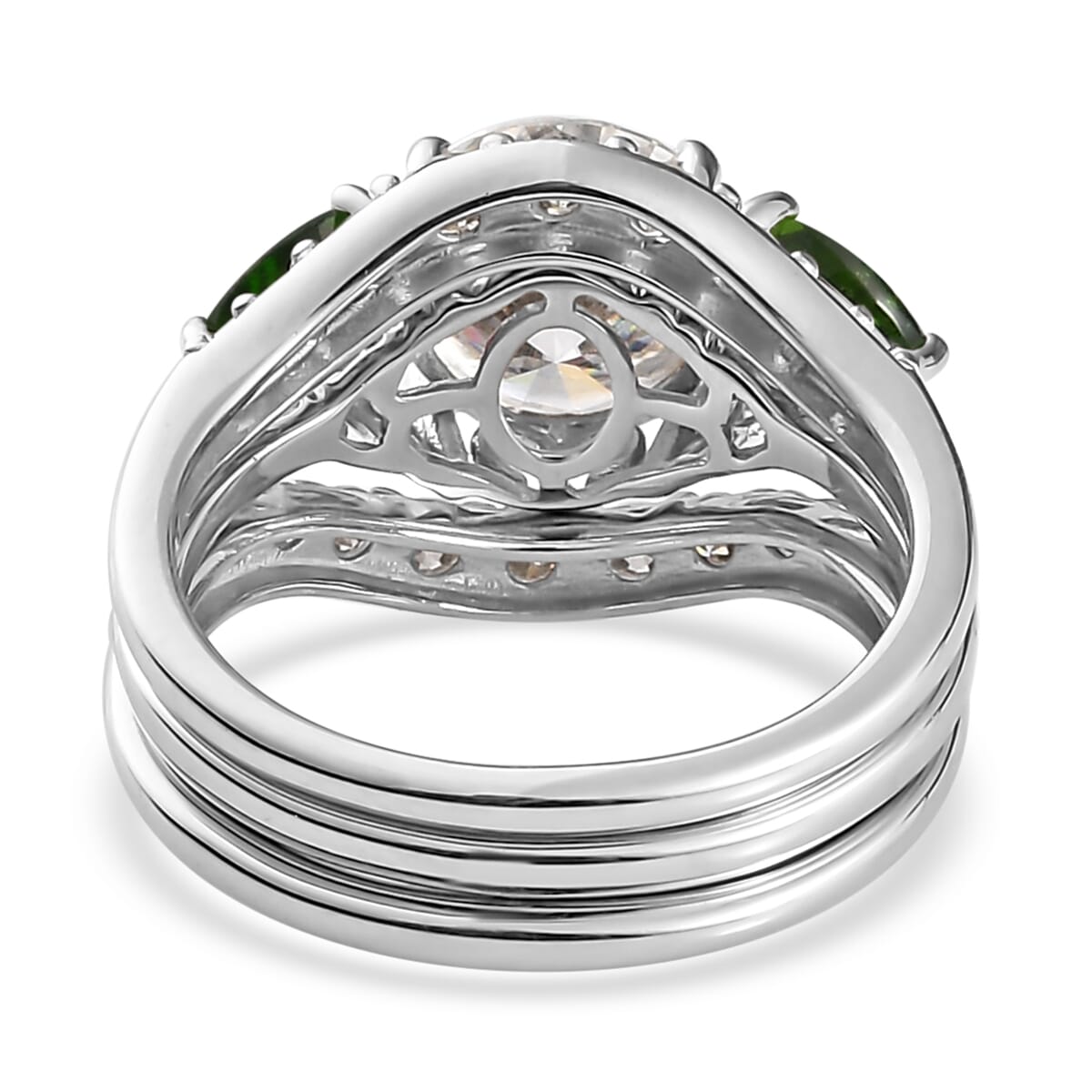 Moissanite and Chrome Diopside Set of 3 Stackable Ring in Platinum Over Sterling Silver (Size 9) 4.40 ctw image number 5