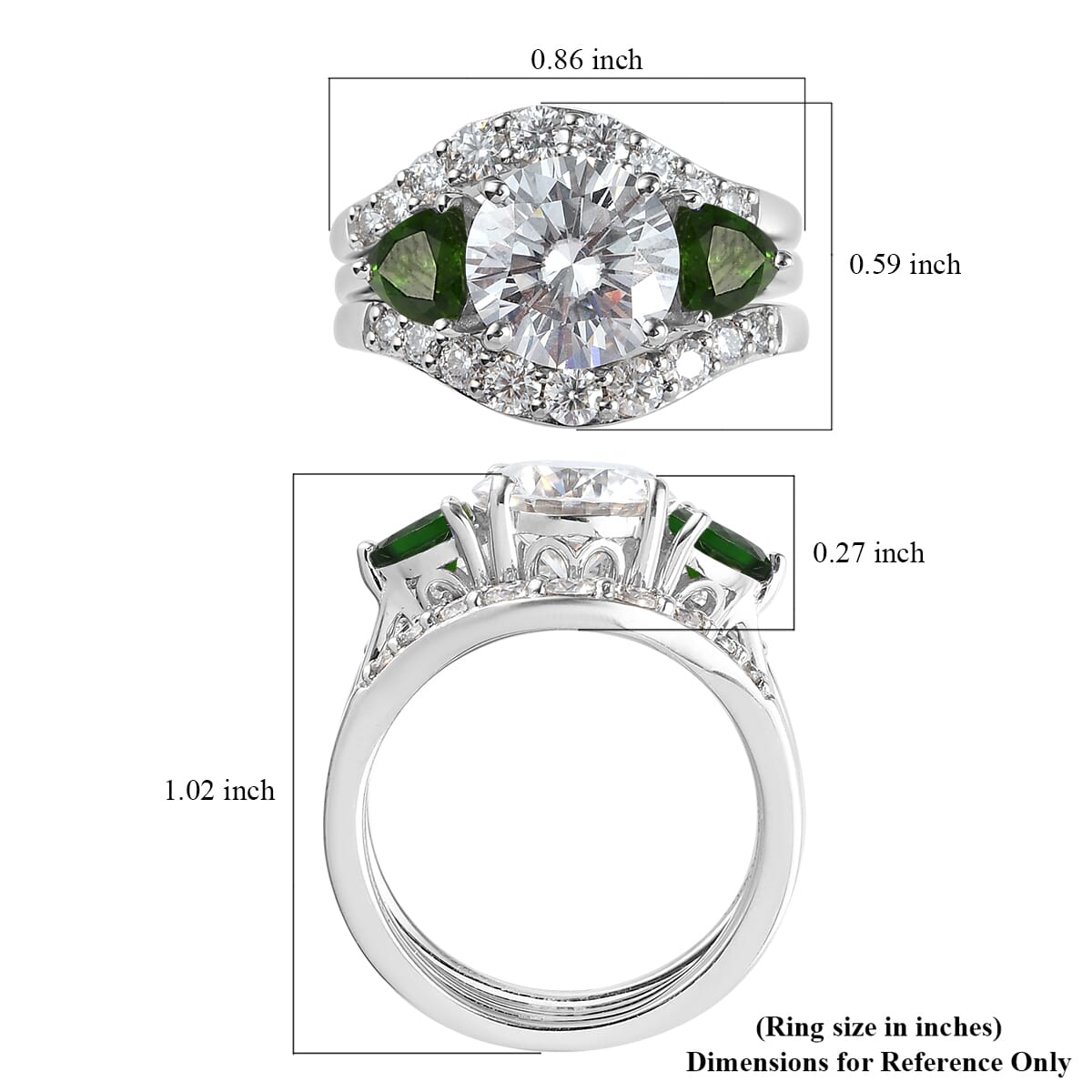 Moissanite and Chrome Diopside Set of 3 Stackable Ring in Platinum Over Sterling Silver (Size 9) 4.40 ctw image number 6