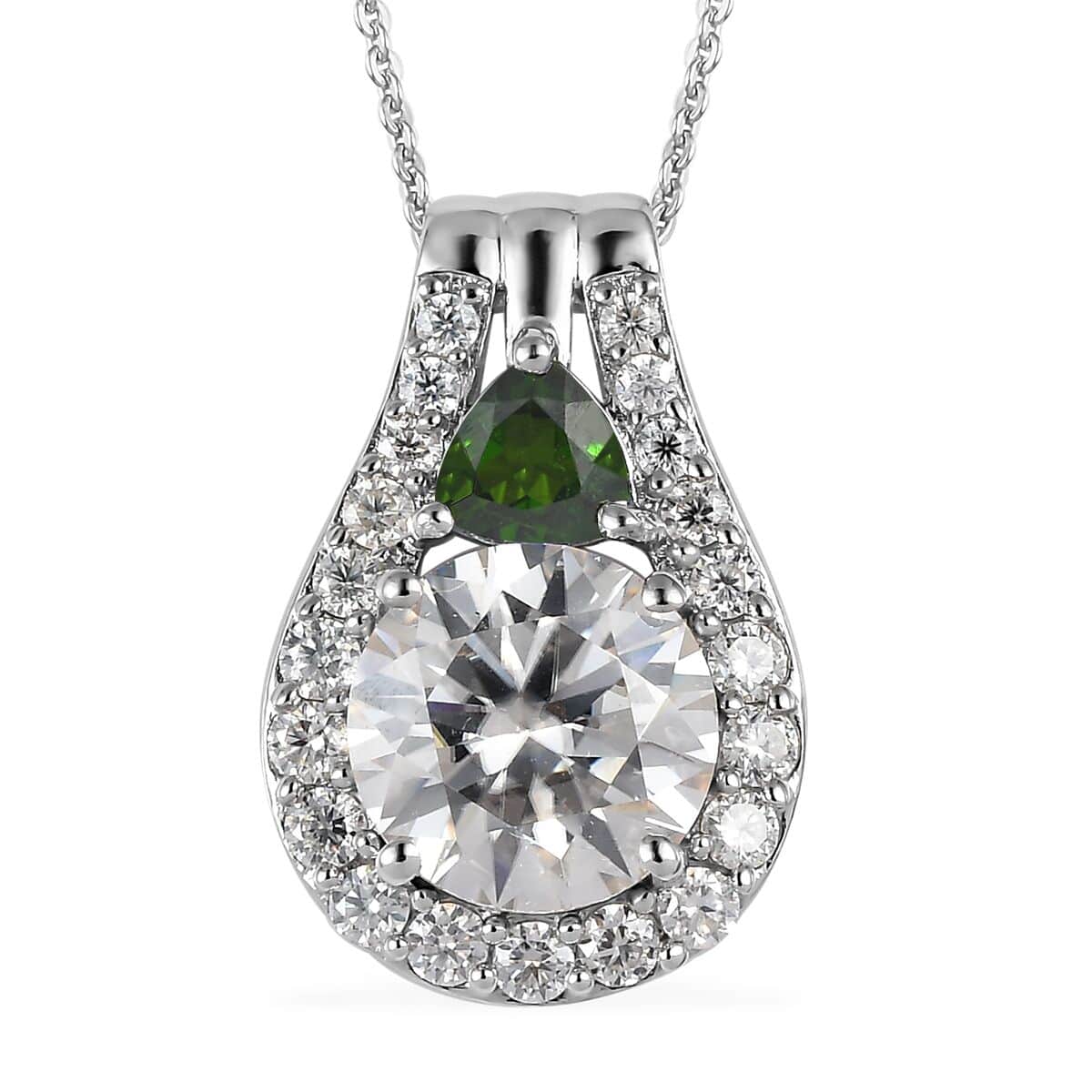 Moissanite and Chrome Diopside Pendant Necklace 20 Inches in Platinum Over Sterling Silver 3.75 ctw image number 0