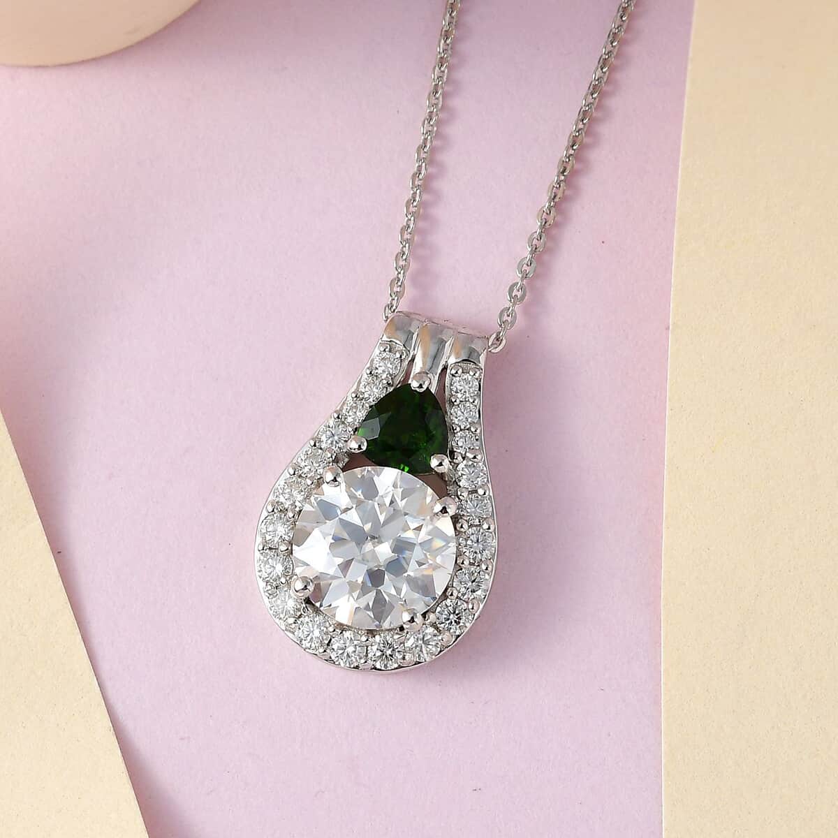 Moissanite and Chrome Diopside Pendant Necklace 20 Inches in Platinum Over Sterling Silver 3.75 ctw image number 1