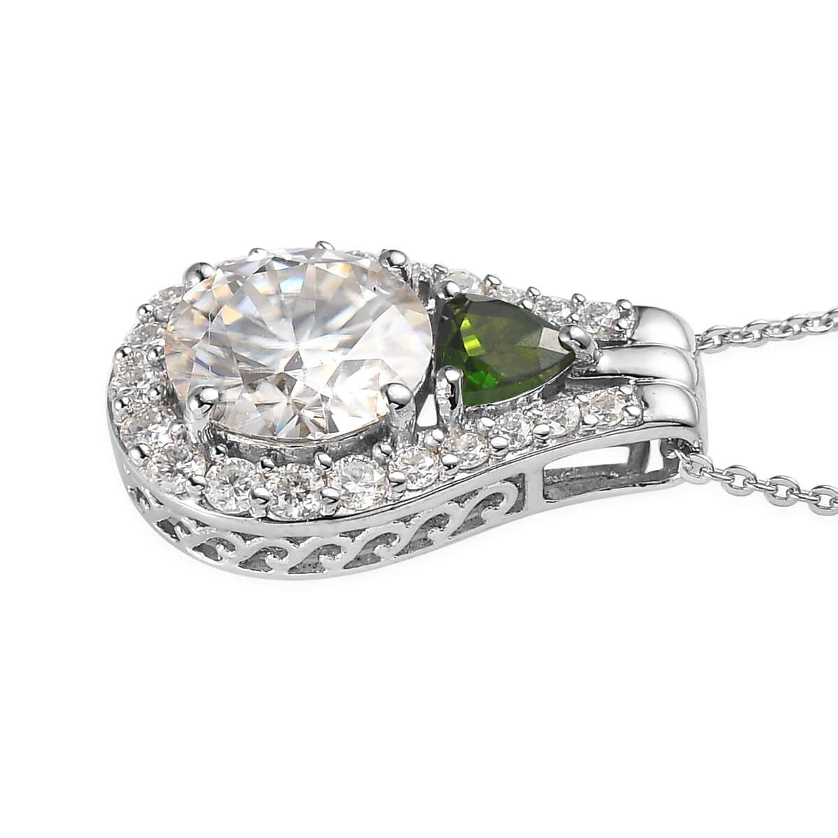 Moissanite and Chrome Diopside Pendant Necklace 20 Inches in Platinum Over Sterling Silver 3.75 ctw image number 3