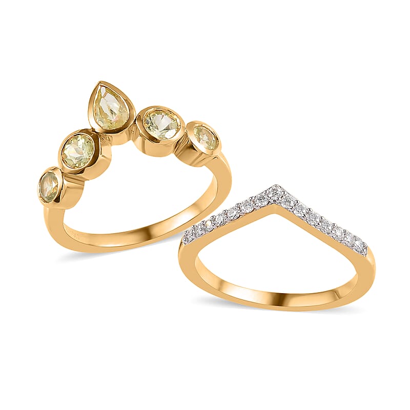 Natural Chrysoberyl and Moissanite Set of 2 Ring in Vermeil Yellow Gold Over Sterling Silver (Size 7.0) 1.65 ctw