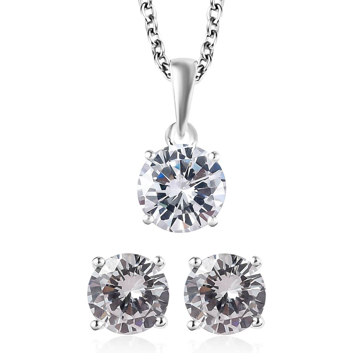 Simulated Diamond Solitaire Stud Earrings and Pendant in Sterling Silver with Stainless Steel Necklace 20 Inches 6.35 ctw image number 0