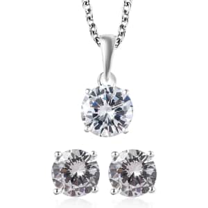 Simulated Diamond Solitaire Stud Earrings and Pendant in Sterling Silver with Stainless Steel Necklace 20 Inches 6.35 ctw