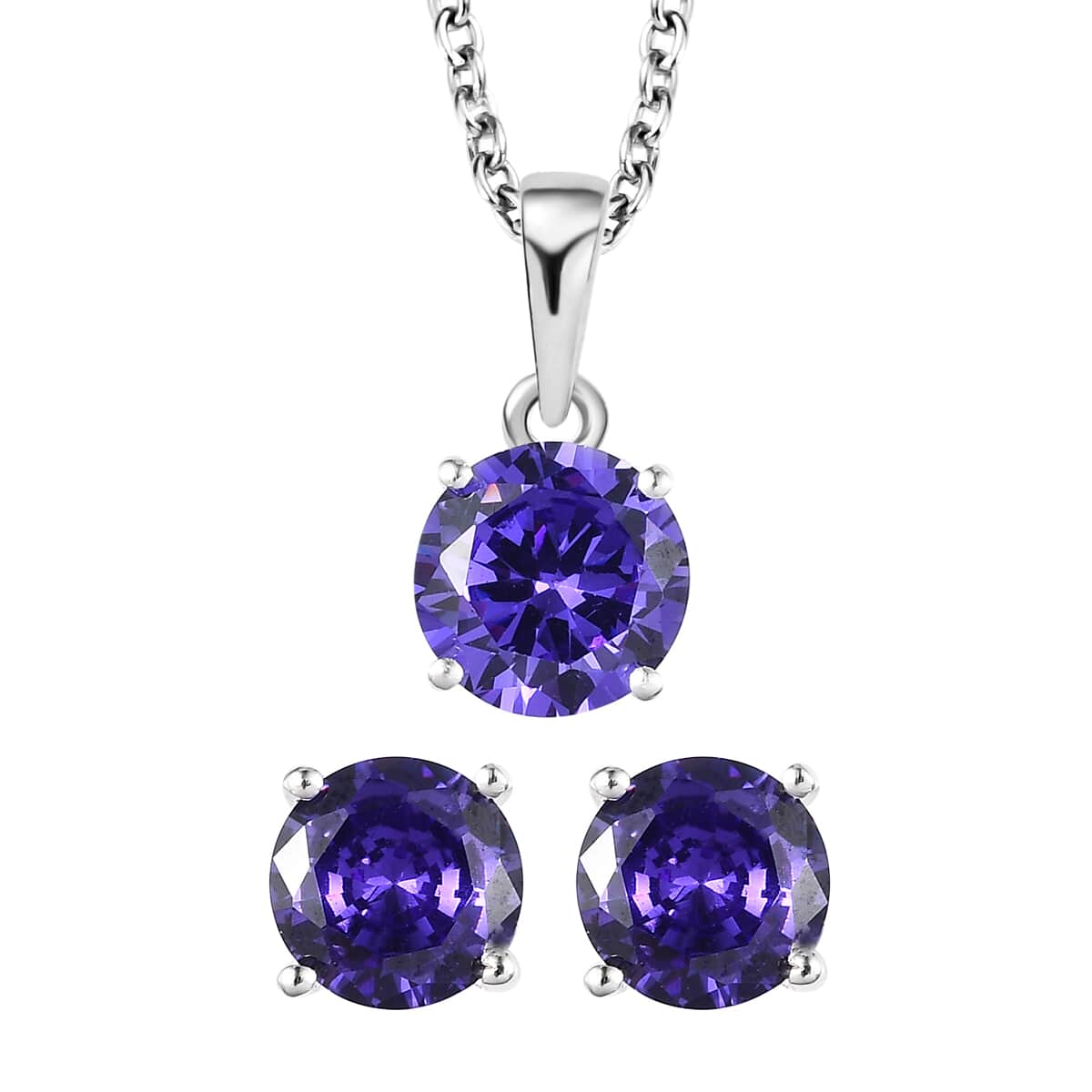 Simulated Purple Diamond Solitaire Stud Earrings and Pendant in Sterling Silver with Stainless Steel Necklace 20 Inches 6.15 ctw image number 0