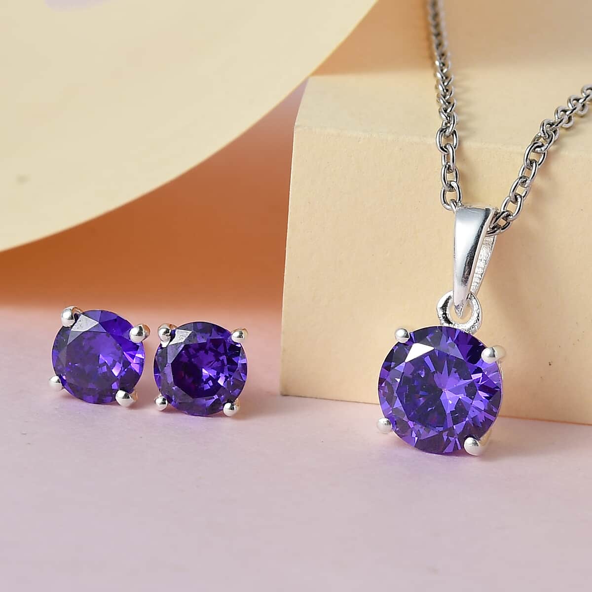 Simulated Purple Diamond Solitaire Stud Earrings and Pendant in Sterling Silver with Stainless Steel Necklace 20 Inches 6.15 ctw image number 1