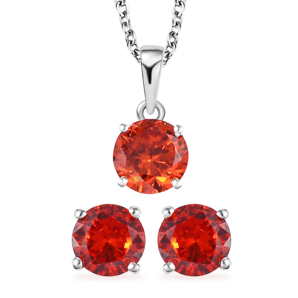 Simulated Orange Diamond Solitaire Stud Earrings and Pendant in Sterling Silver with Stainless Steel Necklace 20 Inches image number 0