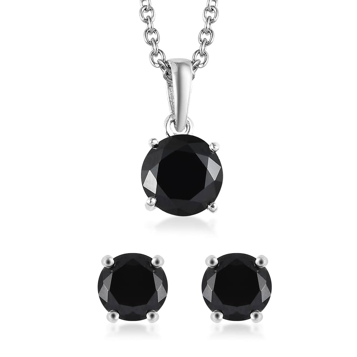 Simulated Black Diamond Solitaire Stud Earrings and Pendant in Sterling Silver with Stainless Steel Necklace 20 Inches image number 0