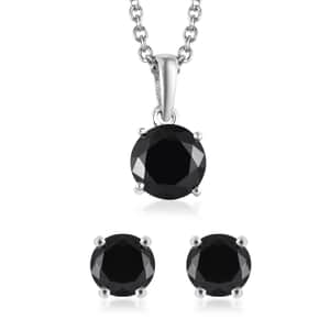 Simulated Black Diamond Solitaire Stud Earrings and Pendant in Sterling Silver with Stainless Steel Necklace 20 Inches