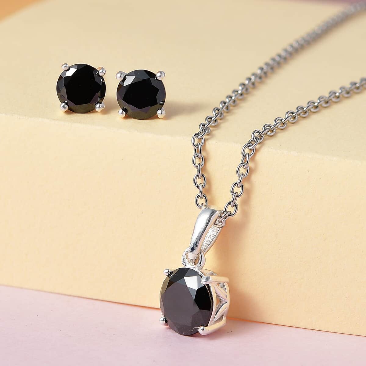 Simulated Black Diamond Solitaire Stud Earrings and Pendant in Sterling Silver with Stainless Steel Necklace 20 Inches image number 1