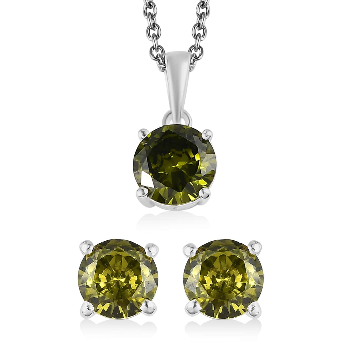 Simulated Peridot Diamond Solitaire Stud Earrings and Pendant in Sterling Silver with Stainless Steel Necklace 20 Inches image number 0