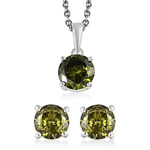 Simulated Peridot Diamond Solitaire Stud Earrings and Pendant in Sterling Silver with Stainless Steel Necklace 20 Inches