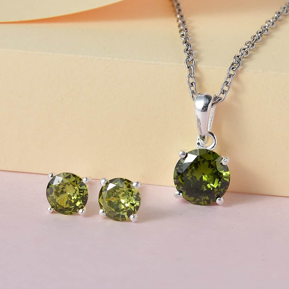 Simulated Peridot Diamond Solitaire Stud Earrings and Pendant in Sterling Silver with Stainless Steel Necklace 20 Inches image number 1