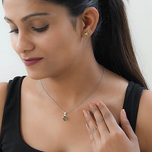Simulated Peridot Diamond Solitaire Stud Earrings and Pendant in Sterling Silver with Stainless Steel Necklace 20 Inches