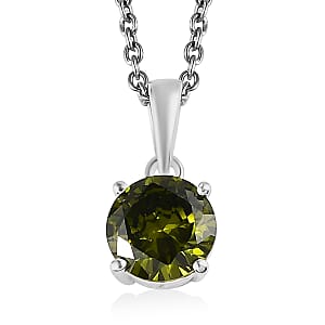 Simulated Peridot Diamond Solitaire Stud Earrings and Pendant in Sterling Silver with Stainless Steel Necklace 20 Inches