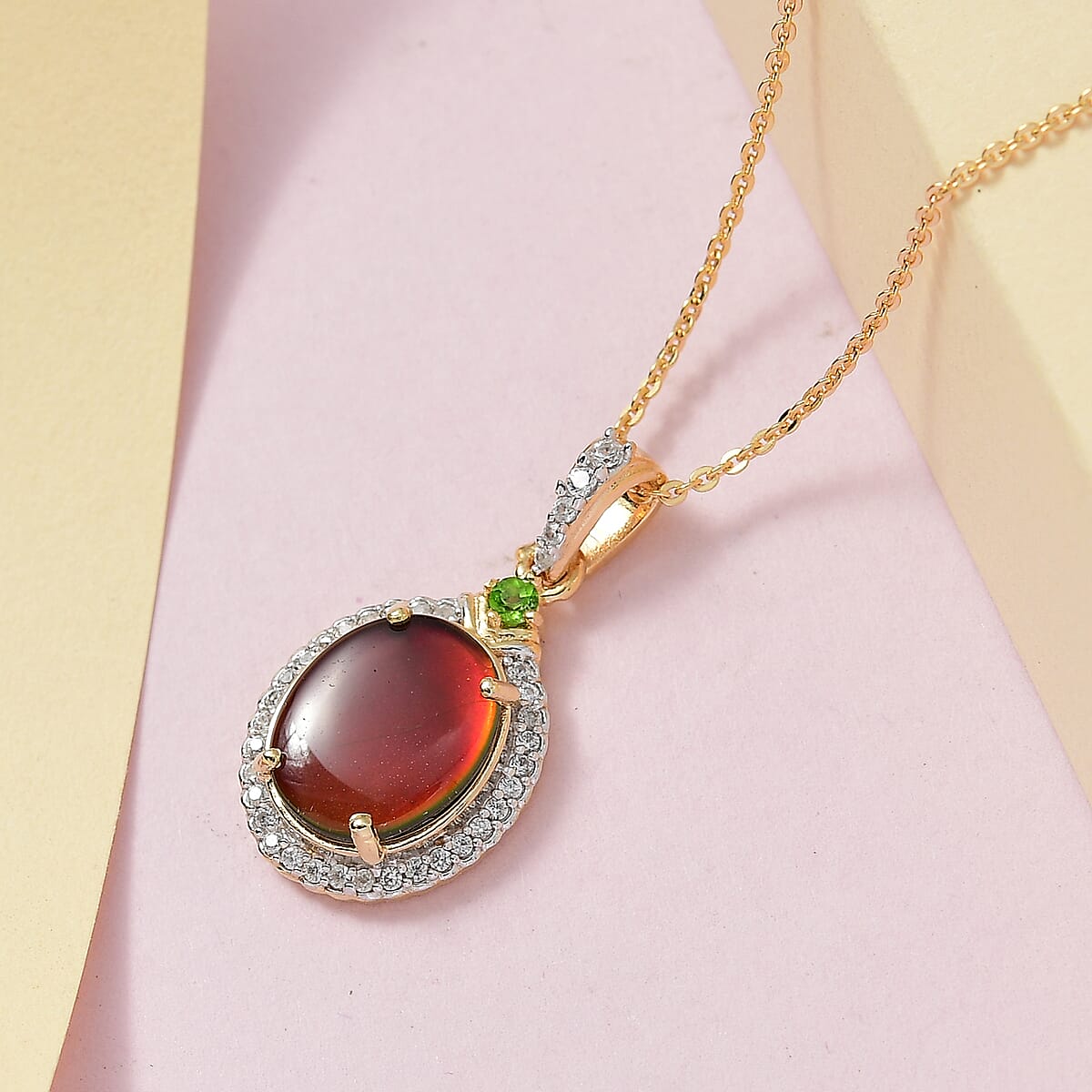 Canadian Ammolite and Multi Gemstone Halo Pendant Necklace 20 Inches in Vermeil YG Over Sterling Silver 0.50 ctw image number 1