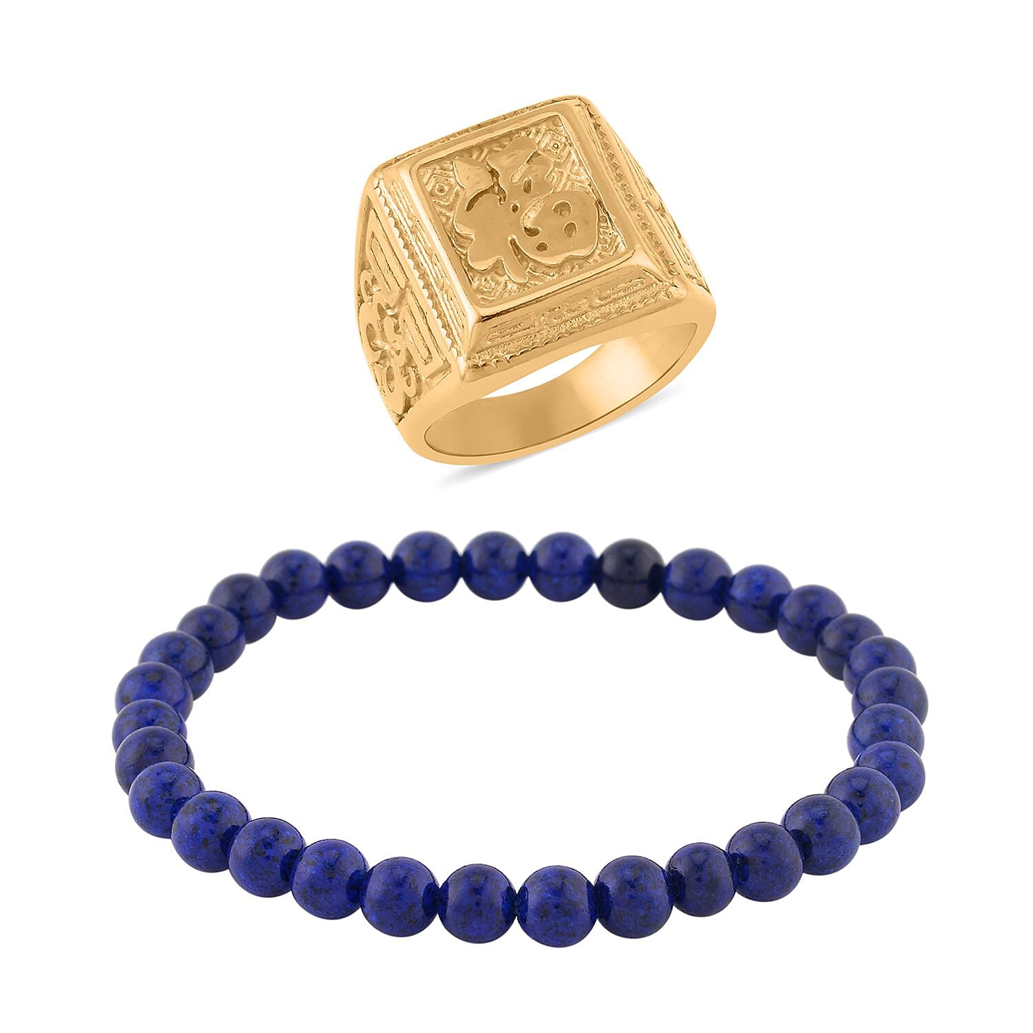 Lapis Lazuli Men's Beaded Stretch Bracelet with Lion Embossed Ring (Size 9.0) in ION Plated YG Stainless Steel 65.00 ctw | Tarnish-Free, Waterproof, Sweat Proof Jewelry