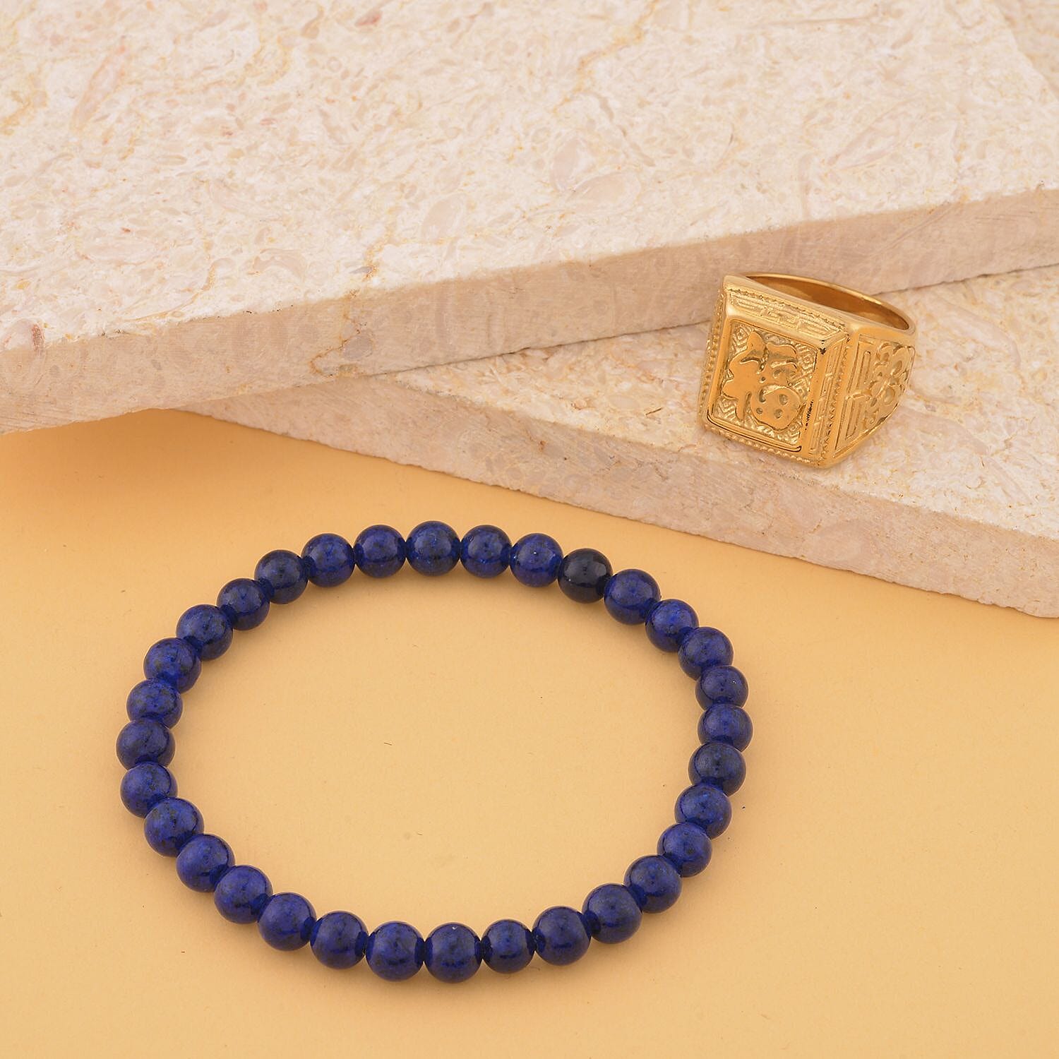 Lapis Lazuli Men's Beaded Stretch Bracelet with Lion Embossed Ring (Size 9.0) in ION Plated YG Stainless Steel 65.00 ctw | Tarnish-Free, Waterproof, Sweat Proof Jewelry