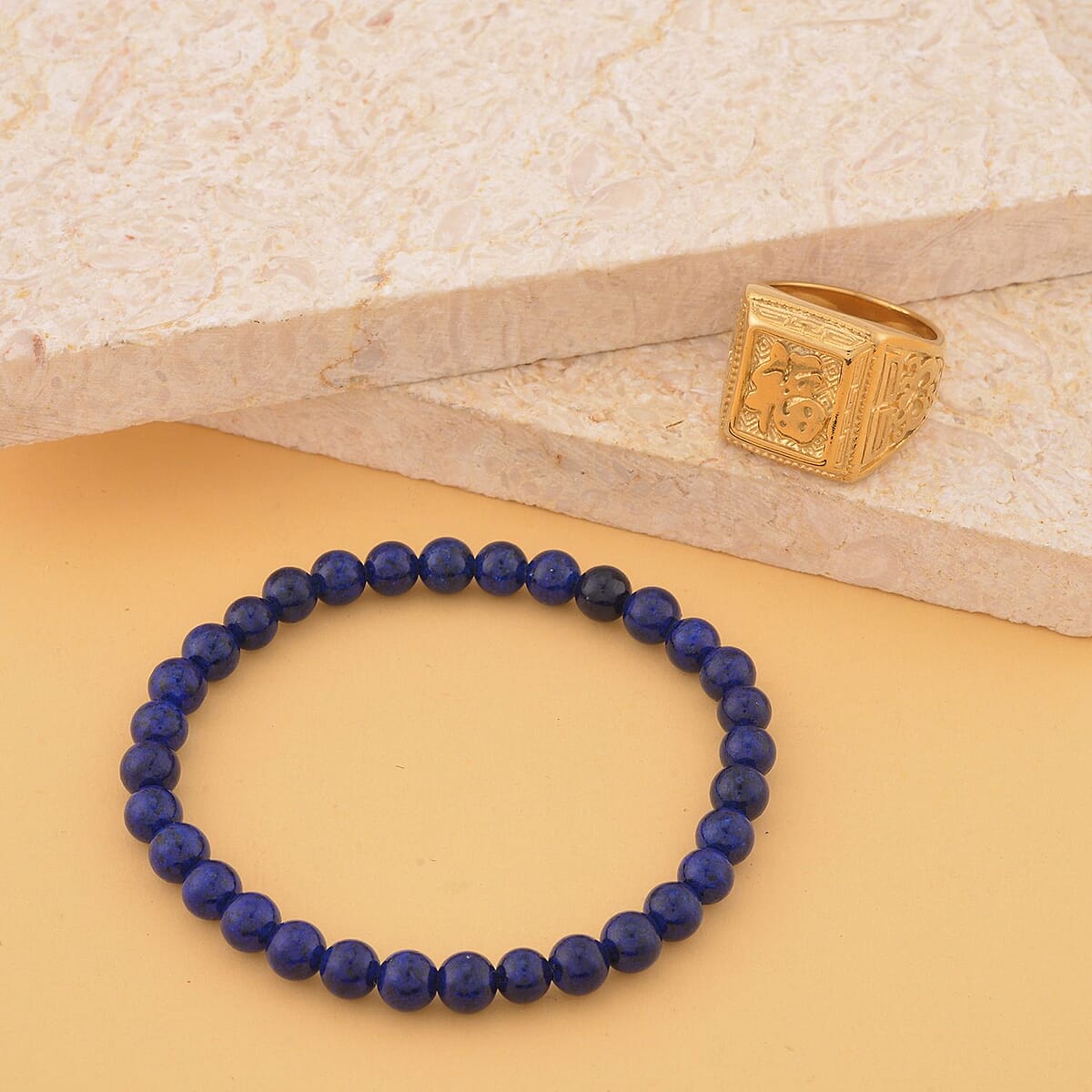 Lapis Lazuli Men's Beaded Stretch Bracelet with Lion Embossed Ring (Size 12.0) in ION Plated YG Stainless Steel 65.00 ctw | Tarnish-Free, Waterproof, Sweat Proof Jewelry image number 1
