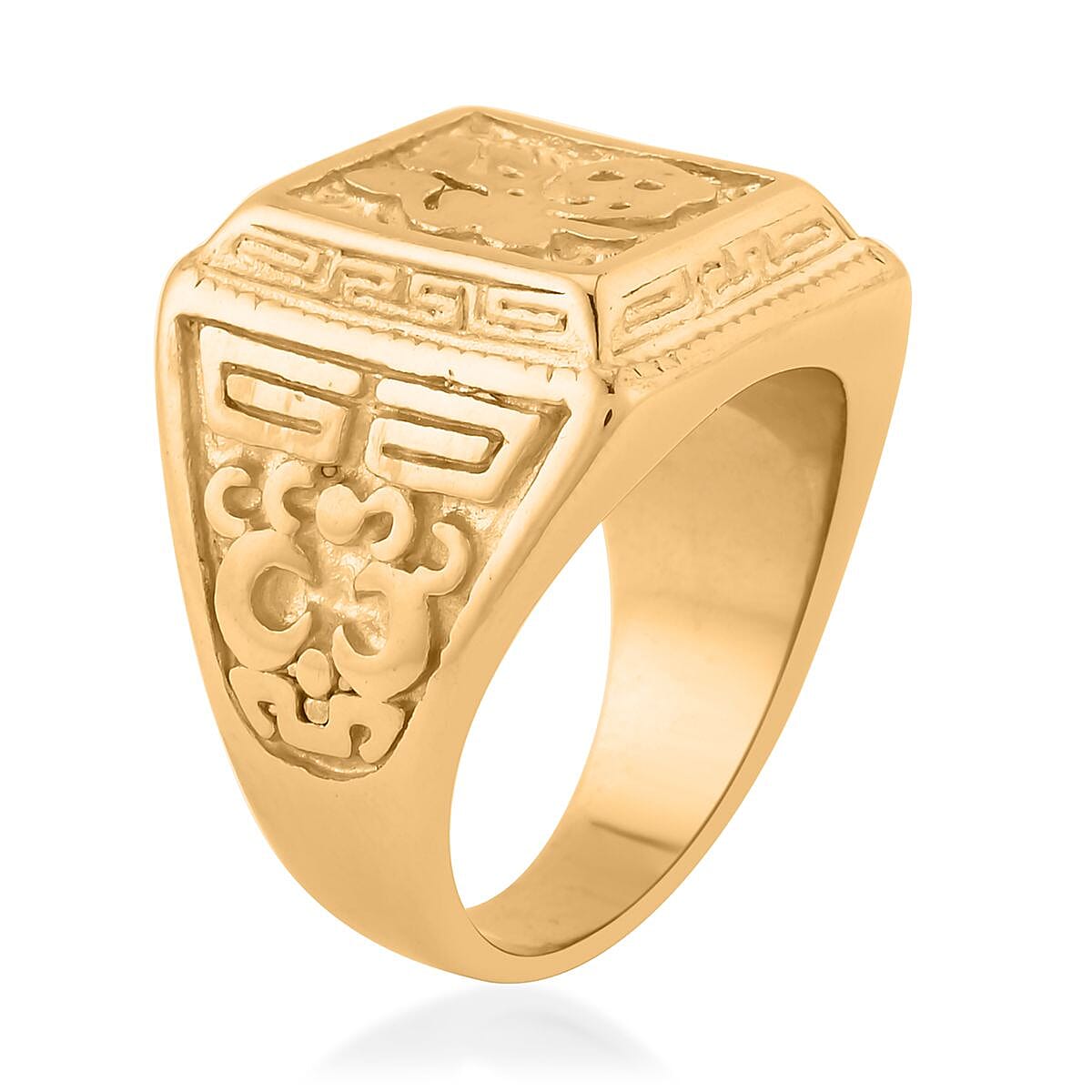 Lapis Lazuli Men's Beaded Stretch Bracelet with Lion Embossed Ring (Size 12.0) in ION Plated YG Stainless Steel 65.00 ctw | Tarnish-Free, Waterproof, Sweat Proof Jewelry image number 4