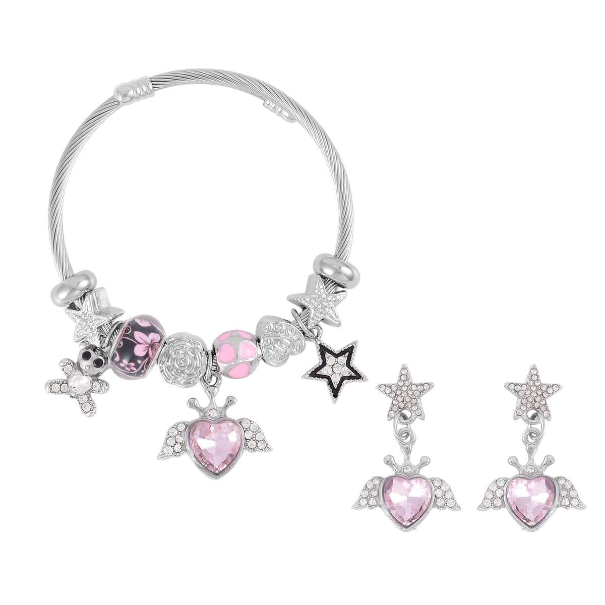 Pink Glass, White & Black Austrian Crystal Bracelet (6.5-7.5In) and Earrings in Silvertone & Stainless Steel , Tarnish-Free, Waterproof, Sweat Proof Jewelry image number 0