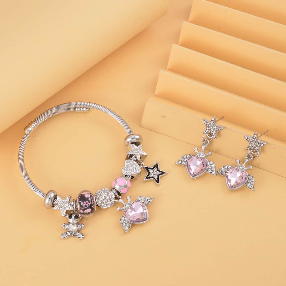 Pink Glass, White & Black Austrian Crystal Bracelet (6.5-7.5In) and Earrings in Goldtone & Stainless Steel image number 1