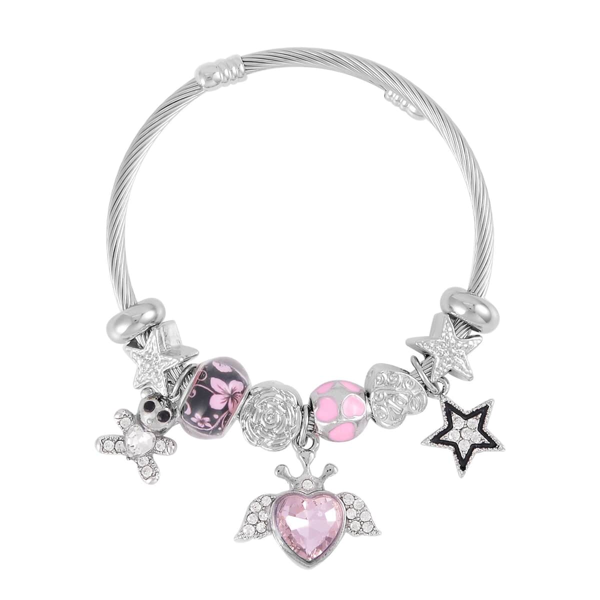 Pink Glass, White & Black Austrian Crystal Bracelet (6.5-7.5In) and Earrings in Silvertone & Stainless Steel , Tarnish-Free, Waterproof, Sweat Proof Jewelry image number 2