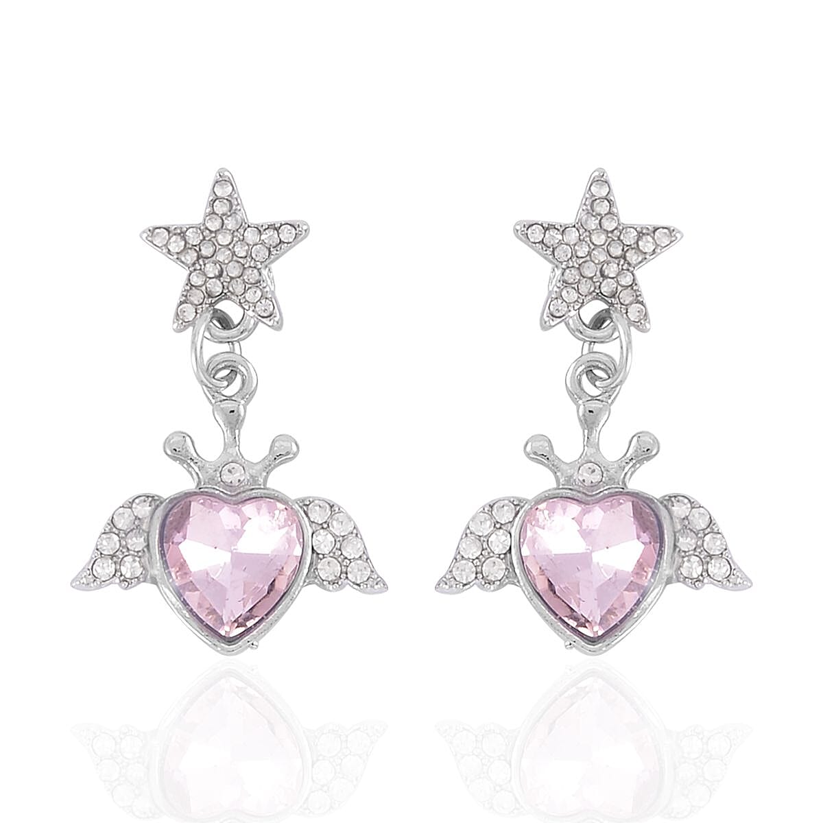 Pink Glass, White & Black Austrian Crystal Bracelet (6.5-7.5In) and Earrings in Silvertone & Stainless Steel , Tarnish-Free, Waterproof, Sweat Proof Jewelry