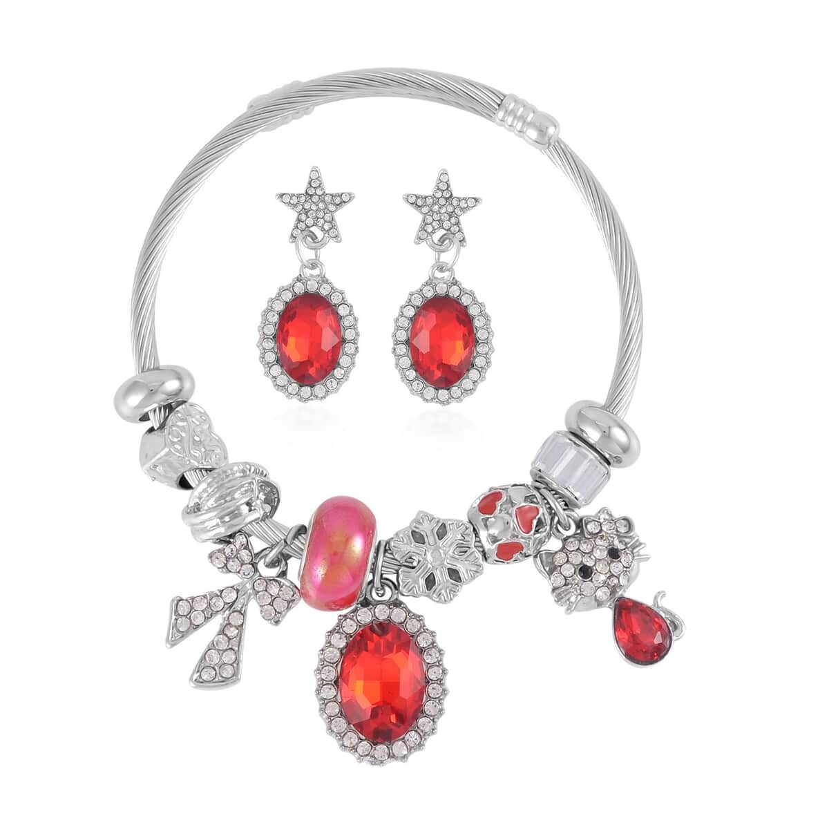 Red & White Glass, White & Black Austrian Crystal Bracelet (6.5-7.5In) and Earrings in Silvertone , Tarnish-Free, Waterproof, Sweat Proof Jewelry image number 0