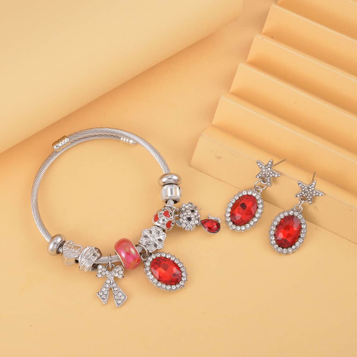 Red & White Glass, White & Black Austrian Crystal Bracelet (6.5-7.5In) and Earrings in Silvertone , Tarnish-Free, Waterproof, Sweat Proof Jewelry image number 1