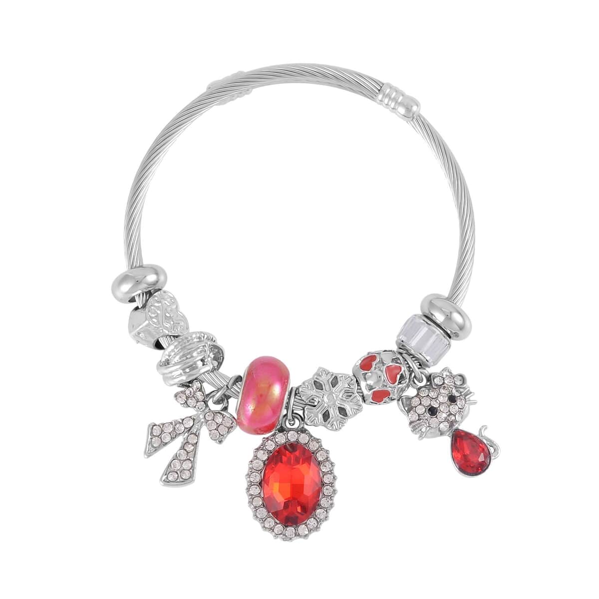 Red & White Glass, White & Black Austrian Crystal Bracelet (6.5-7.5In) and Earrings in Silvertone , Tarnish-Free, Waterproof, Sweat Proof Jewelry image number 2