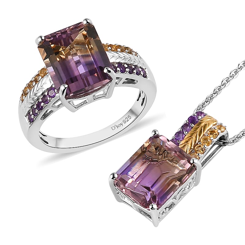 AAA Anahi Ametrine and Multi Gemstone Ring (Size 6.0) and Pendant Necklace 20 Inches in Vermeil Yellow Gold and Platinum Over Sterling Silver 10.00 ctw