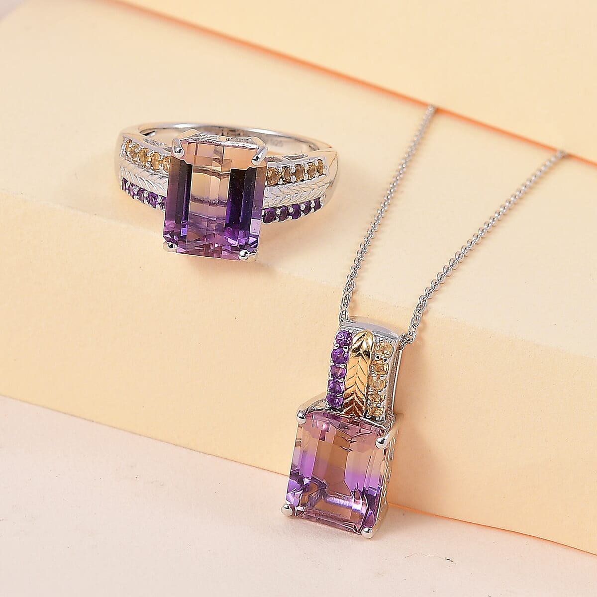 AAA Anahi Ametrine, Multi Gemstone Ring (Size 6.0) and Pendant Necklace (20 Inches) in Vermeil YG and Platinum Over Sterling Silver 10.00 ctw image number 1