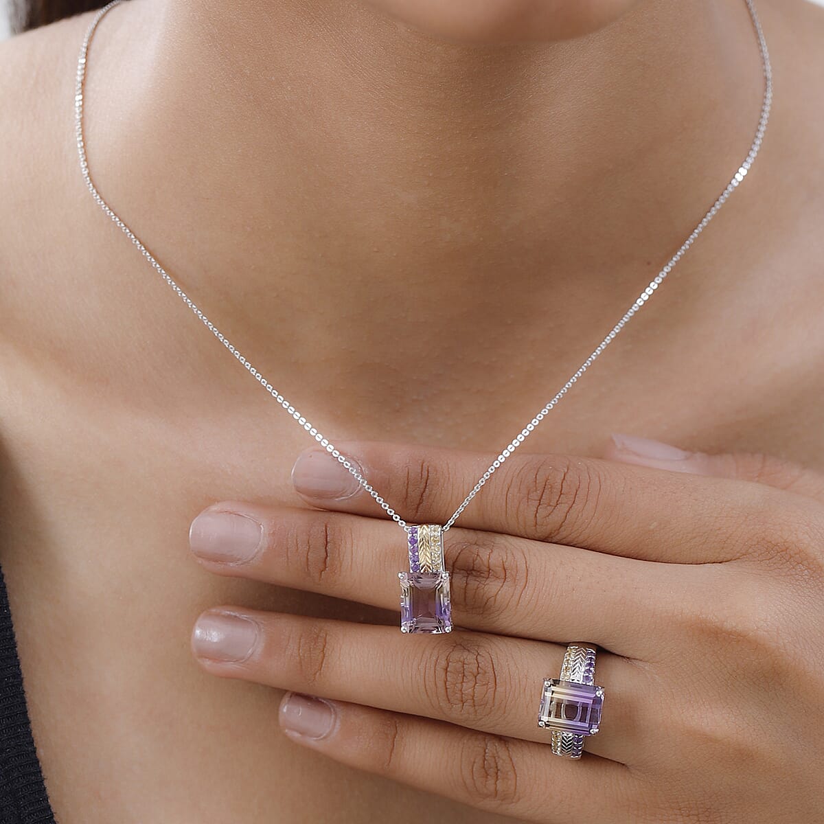 AAA Anahi Ametrine, Multi Gemstone Ring (Size 6.0) and Pendant Necklace (20 Inches) in Vermeil YG and Platinum Over Sterling Silver 10.00 ctw image number 2