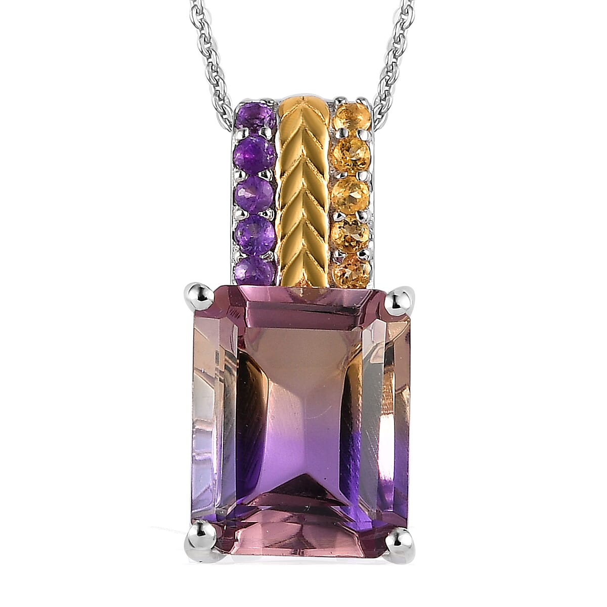 AAA Anahi Ametrine and Multi Gemstone Ring (Size 6.0) and Pendant Necklace 20 Inches in Vermeil Yellow Gold and Platinum Over Sterling Silver 10.00 ctw