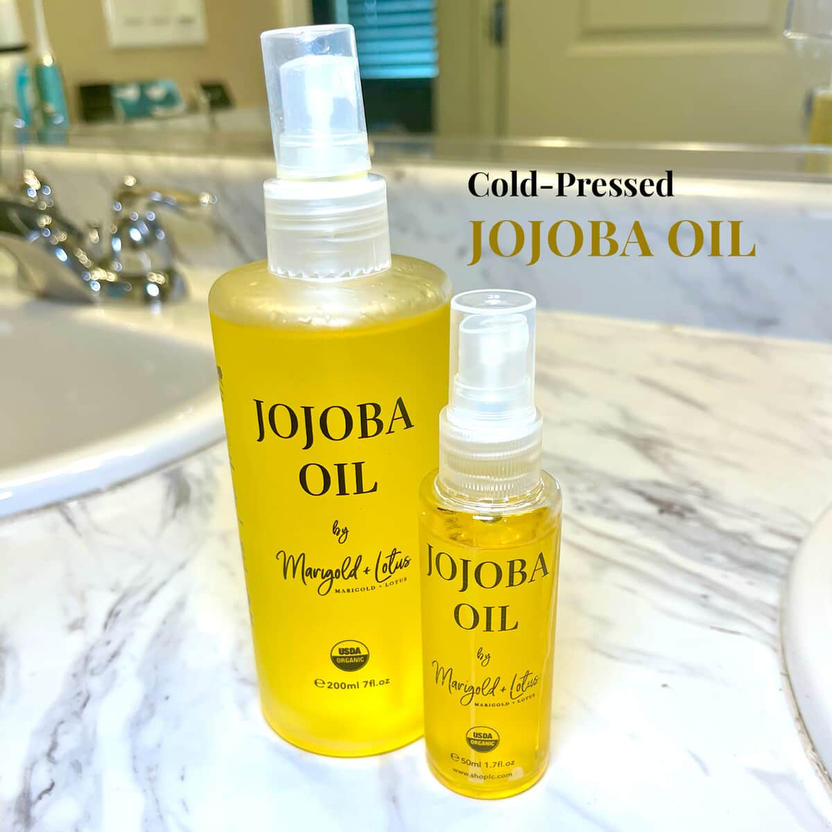Marigold & Lotus Cold Pressed Natural Jojoba Oil 7 oz with Free Travel Size Cold Pressed Jojoba Oil, Unrefined Organic Jojoba Oil, Jojoba Oil for Hair and Skin image number 1