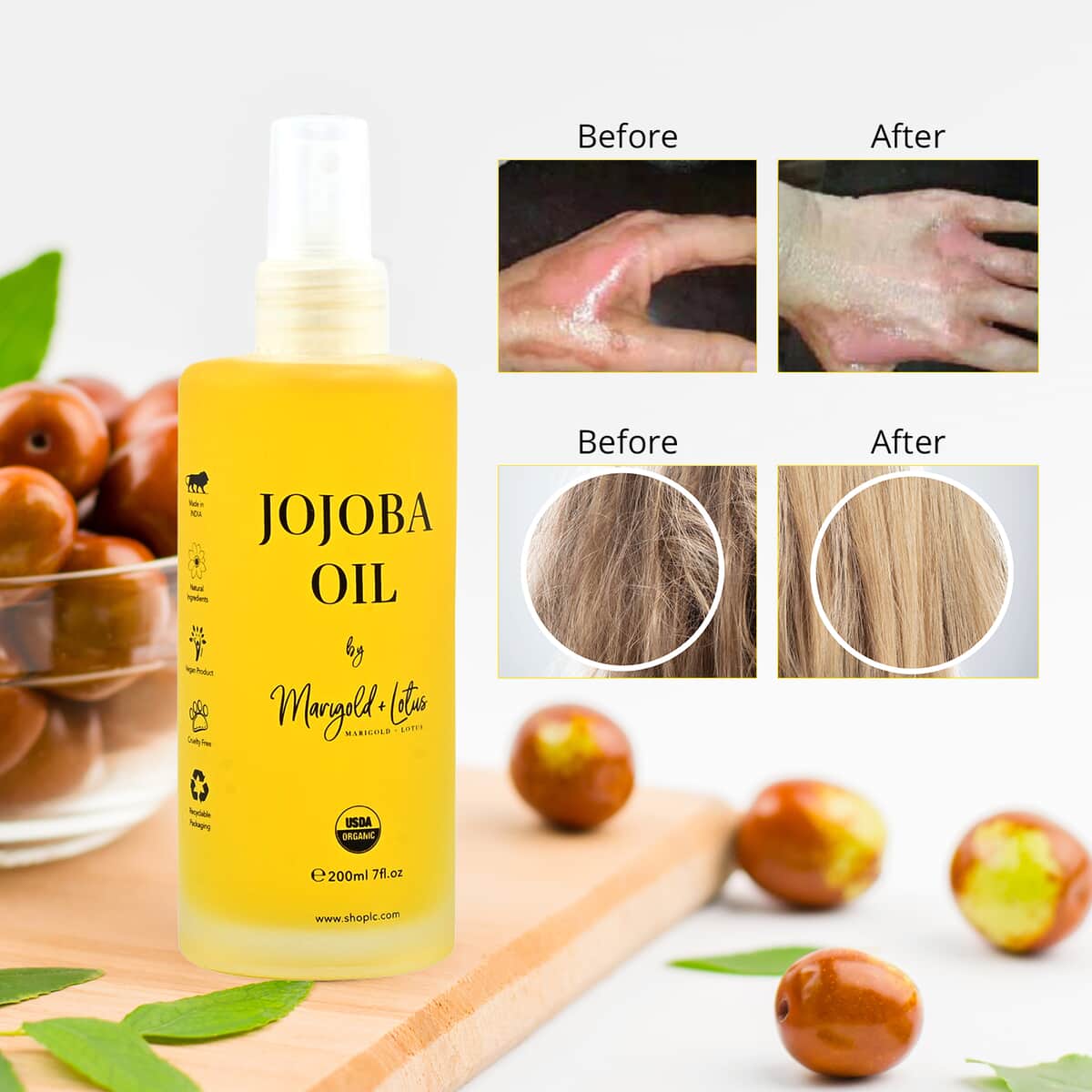 Marigold & Lotus Cold Pressed Natural Jojoba Oil 7 oz with Free Travel Size Cold Pressed Jojoba Oil, Unrefined Organic Jojoba Oil, Jojoba Oil for Hair and Skin image number 6
