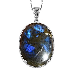 Malagasy Labradorite Solitaire Pendant Necklace 20 Inches in Stainless Steel 83.50 ctw
