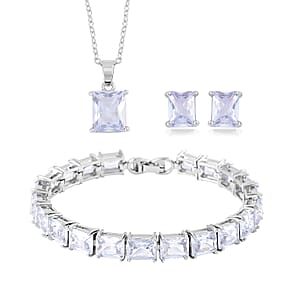 Austrian Crystal Tennis Bracelet (8.0In), Stud Earrings and Pendant Necklace 20 Inches in Silvertone