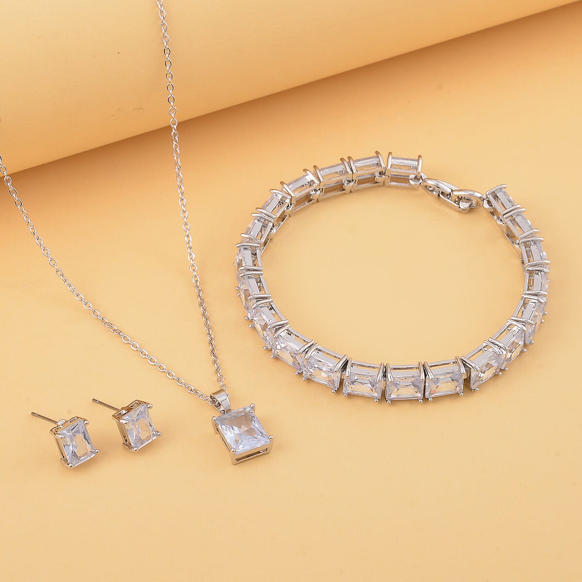 Austrian Crystal Tennis Bracelet (8.0In), Stud Earrings and Pendant Necklace 20 Inches in Silvertone image number 1