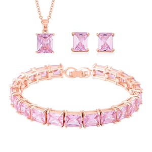 Pink Austrian Crystal Tennis Bracelet (7.25In), Stud Earrings and Pendant Necklace 20 Inches in Rosetone