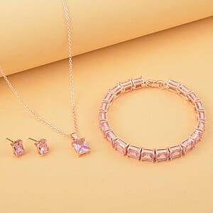 Pink Austrian Crystal Tennis Bracelet (7.25In), Stud Earrings and Pendant Necklace 20 Inches in Rosetone