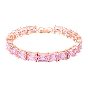Pink Austrian Crystal Tennis Bracelet (7.25In), Stud Earrings and Pendant Necklace 20 Inches in Rosetone