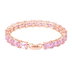 Pink Austrian Crystal Tennis Bracelet (7.25In), Stud Earrings and Pendant Necklace 20 Inches in Rosetone