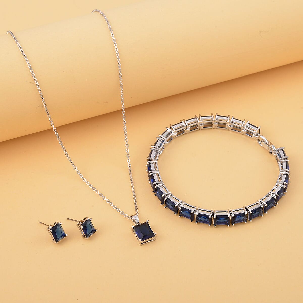 Blue Austrian Crystal Tennis Bracelet (7.25In), Stud Earrings and Pendant Necklace 20 Inches in Silvertone image number 1