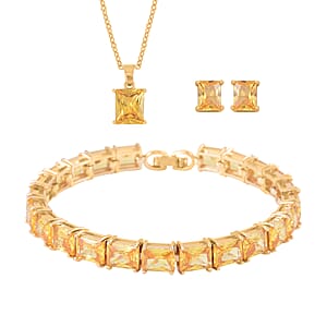 Yellow Austrian Crystal Tennis Bracelet (7.25In), Stud Earrings and Pendant Necklace 20 Inches in Goldtone